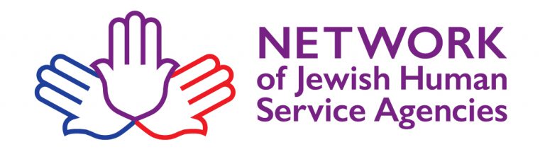 NJHSA Logo Bag | Logo is 3 Hamsa symbols arranged in a fan joined at the base of the palm. Colors are blue, purple and red. The word NETWORK is all capital sans-serif purple letters to the right of the Hamsas. Beneath it says of Jeiwsh Human Service Agencies.