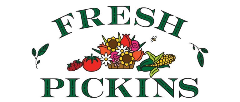 Fresh Pickins Logo | The words "fresh" and "pickins" are shown in all capital letters, with the word Fresh arched over the word Pickins, which is straight. The letters are Kelly green with black outlines and decorative elements. The words are connected with a leaf sprig on either side. The logo features an illustration of strawberries, a tomato, a sunflower, daisy and tulip basket, and a corn cob with a bee illustrated overhead.