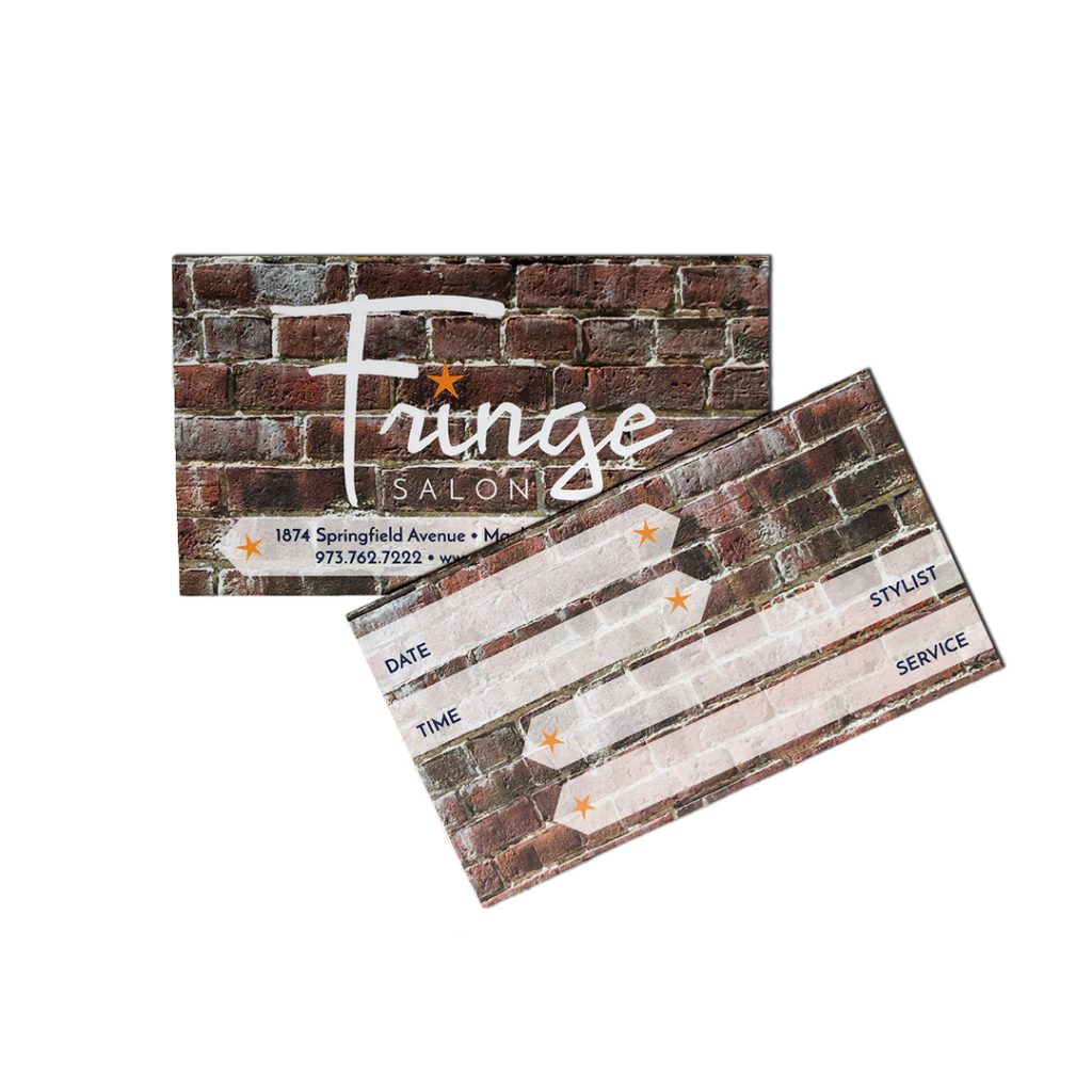 Fringe Salon Appointment Card | Appointment card background is a brick pattern with salon logo in white, contact info on semi-opaque white banner. Back of appointment card contains write-in fields for date, time, stylist and service.