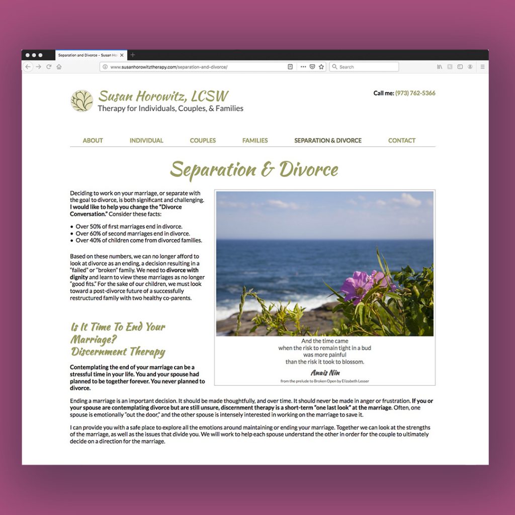 Inner Page of Therapist's Website | Page is titled Separation and Divorce, written in sage brushscript. Page features an image of purple beach flowers above rocks at the shoreline, with an Anais Nin quote beneath the photo.