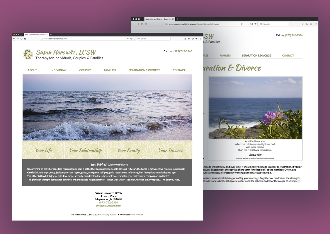 Homepage and inner page of Therapist Sue Horowitz's website. Homepage features an image of waves at sunset and botanically-themed buttons. Inner page has a different oceanside image with an inspirational quote.