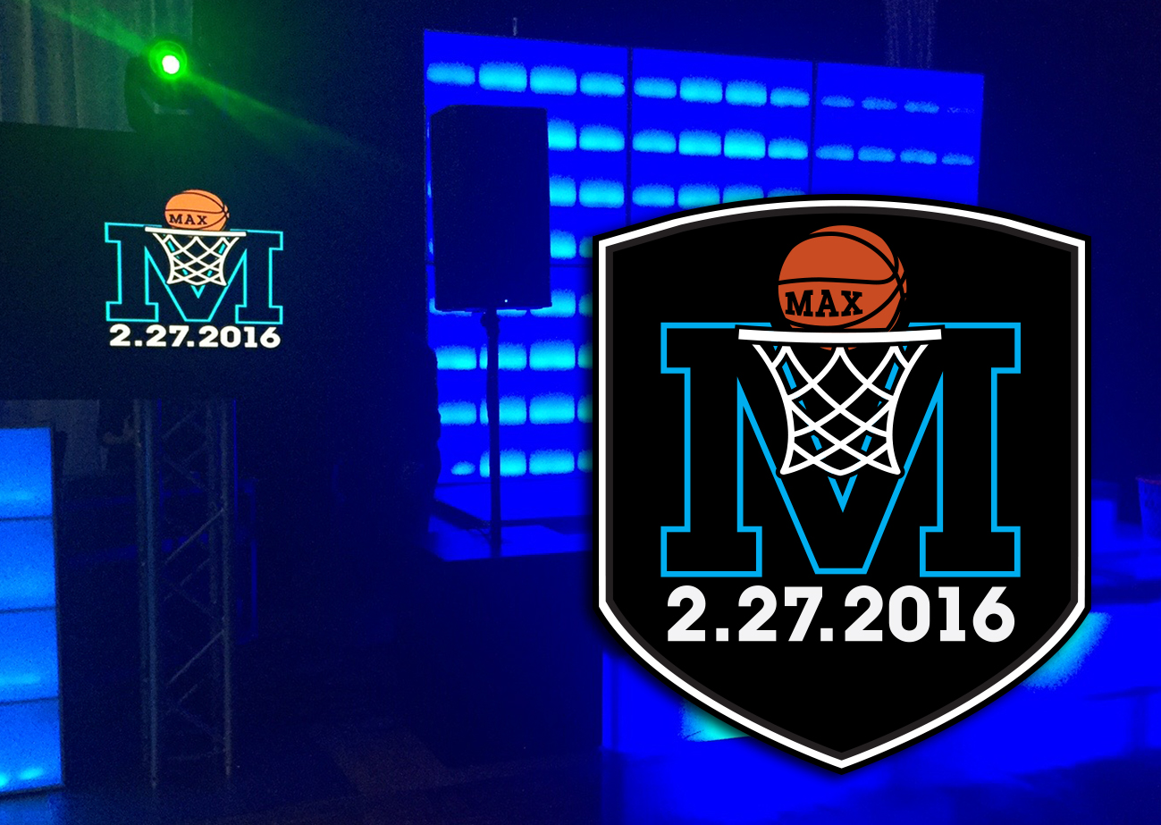 A basketball bar mitzvah logo superimposed over a blue-lighted stage background with the same logo projected on a screen.