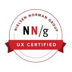 Line art of a white circular seal that says NN/g. Red ribbon draped midway across the circle says UX certified.