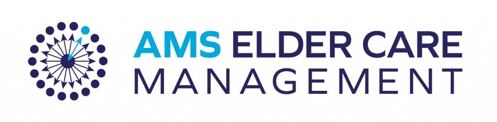 Glyph is a radial pattern of arrows pointing to an outer circle of dots. One arrow in the upper right and one dot are turquise, the rest are navy blue. The words to the right say AMS Elder Care Managment in all capital letters.
