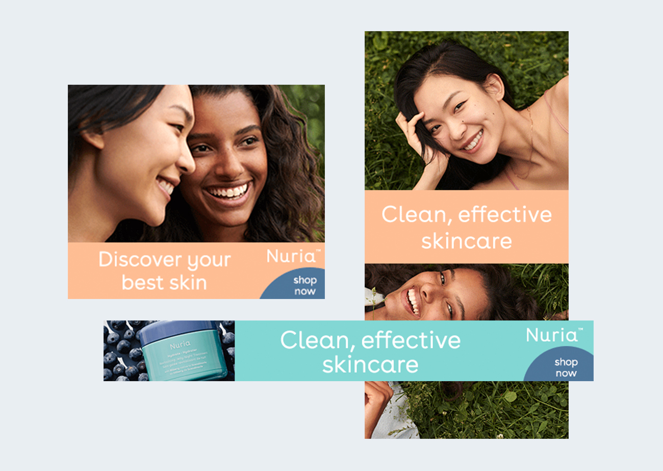Banner ads of three different sizes - square, vertical rectangle and horizontal rectangle - showing photos of models and skincare products.