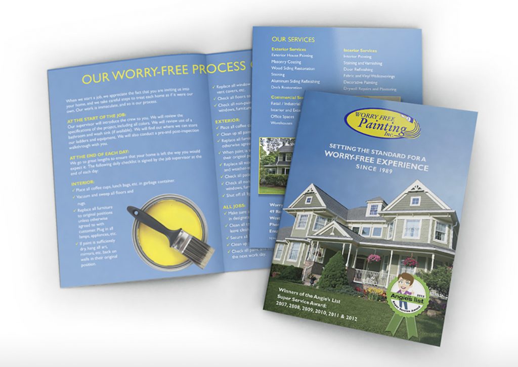 Worry-Free Painting Brochure | Mockup of a double-sided brochure, with both sides spread out and overlapping. Brochure is blue with house painting photography and text.