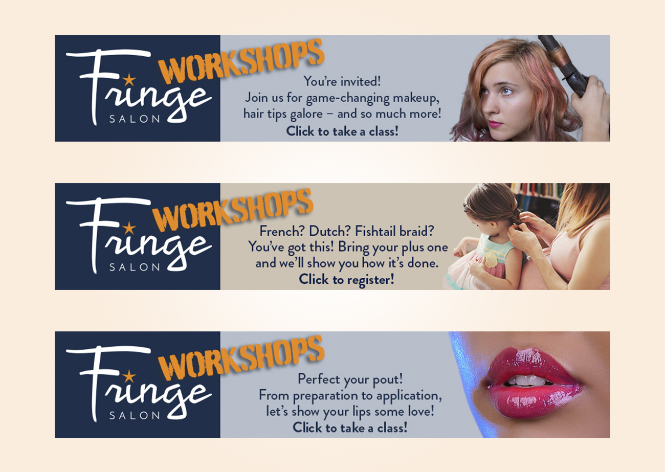 Three ads, aligned in one column. Each ad is a horizontal rectangle that says Fringe Workshops on left, then copy about the workshop, and then an image for each.