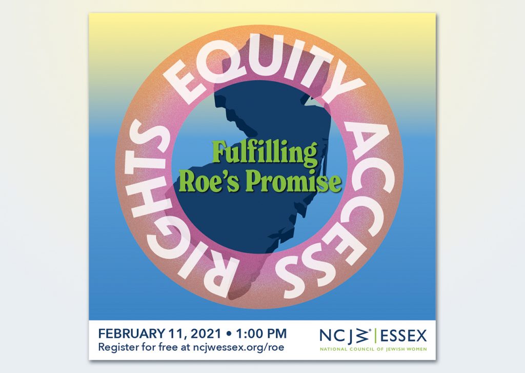 A navy blue silhouette of the state of New Jersey, with a pink and orange semi-transparent gradient ring superimposed above. The words "rights," "equity," and "access" appear on the ring, and inside of the ring it says "fulfilling Roe's Promise."