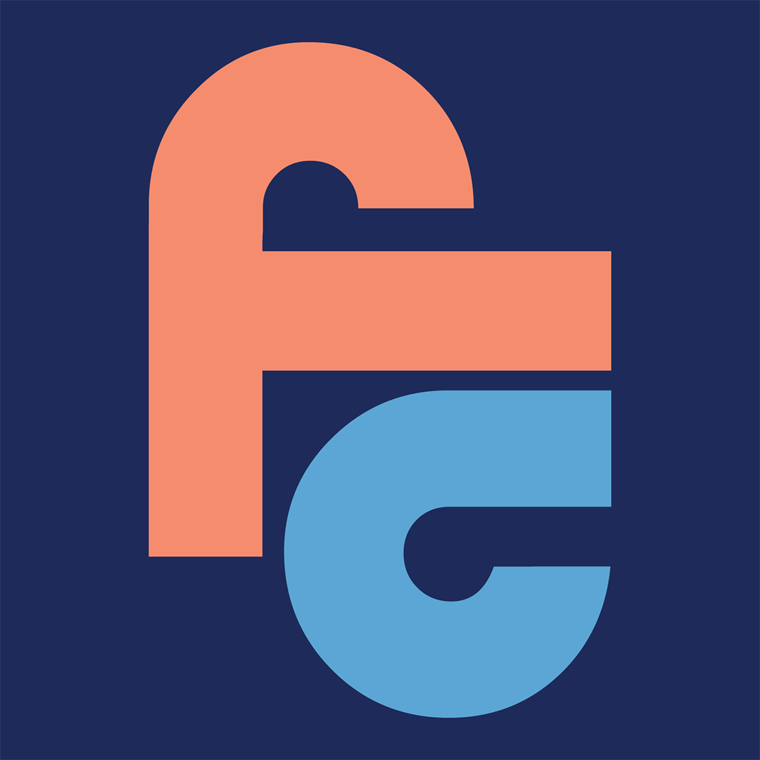 A stylized monogram with the lowercase letters f in coral and c in medium blue against a navy blue background. The cross stroke of the F and the top arm of the C are extended to mimic horizontal stripes. The letters are nestled close together, with the f to the upper left and the c to the lower right.