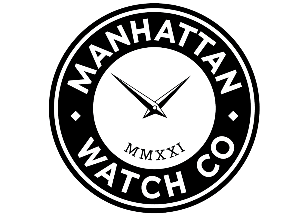A circle with the word MANHATTAN in white letters aligned around the top of a wide black circular band. The bottom of this band has the letters WATCH CO. The white circle inside the band has watch hands pointing to 1:50. The roman number MMXXI is on the bottom of this white circle.