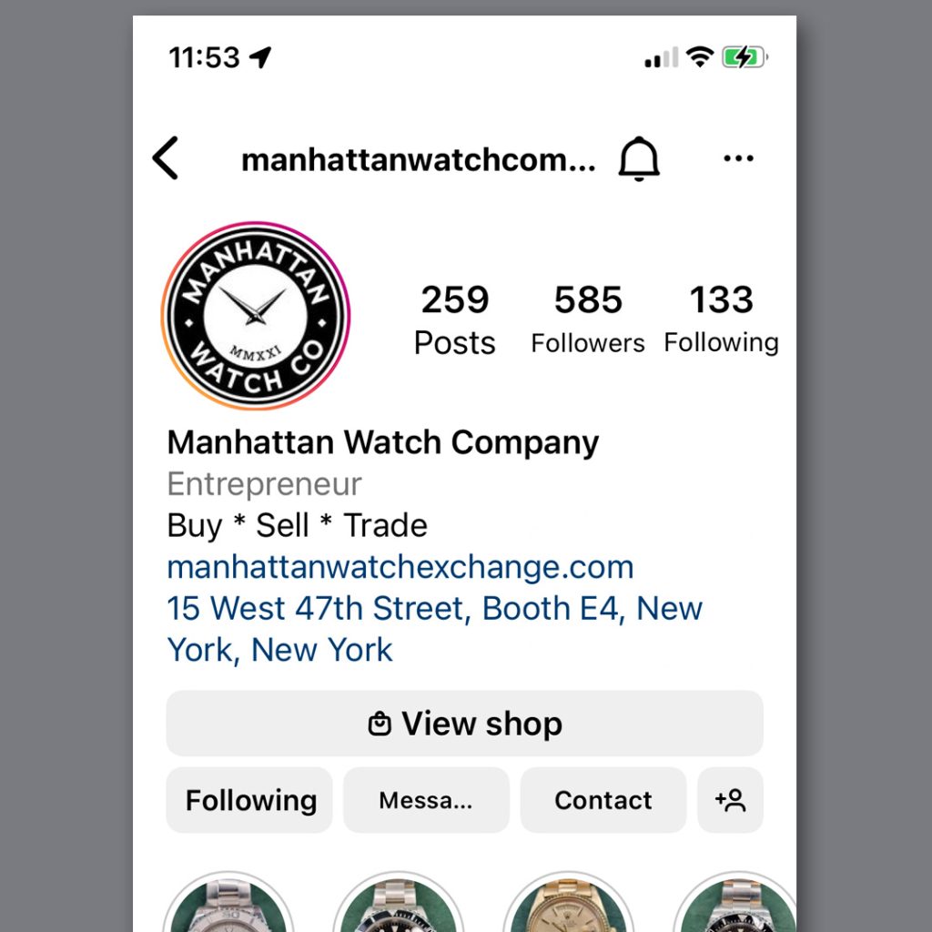 A screenshot of the Manhattan Watch Instagram page. The logo is surrounded by a warm rainbow gradient ring from fuschia to yellow.