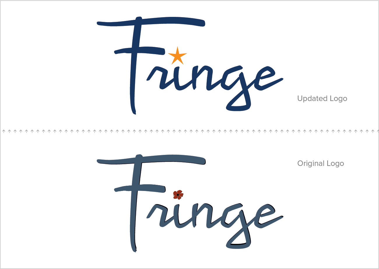 Fringe Salon Logo, before and after | Top image shows updated logo, with navy blue letters and i dotted with yellow-orange star. Bottom of image shows original logo, in colonial blue with black dropshadow and orange-red flower dotting the i.