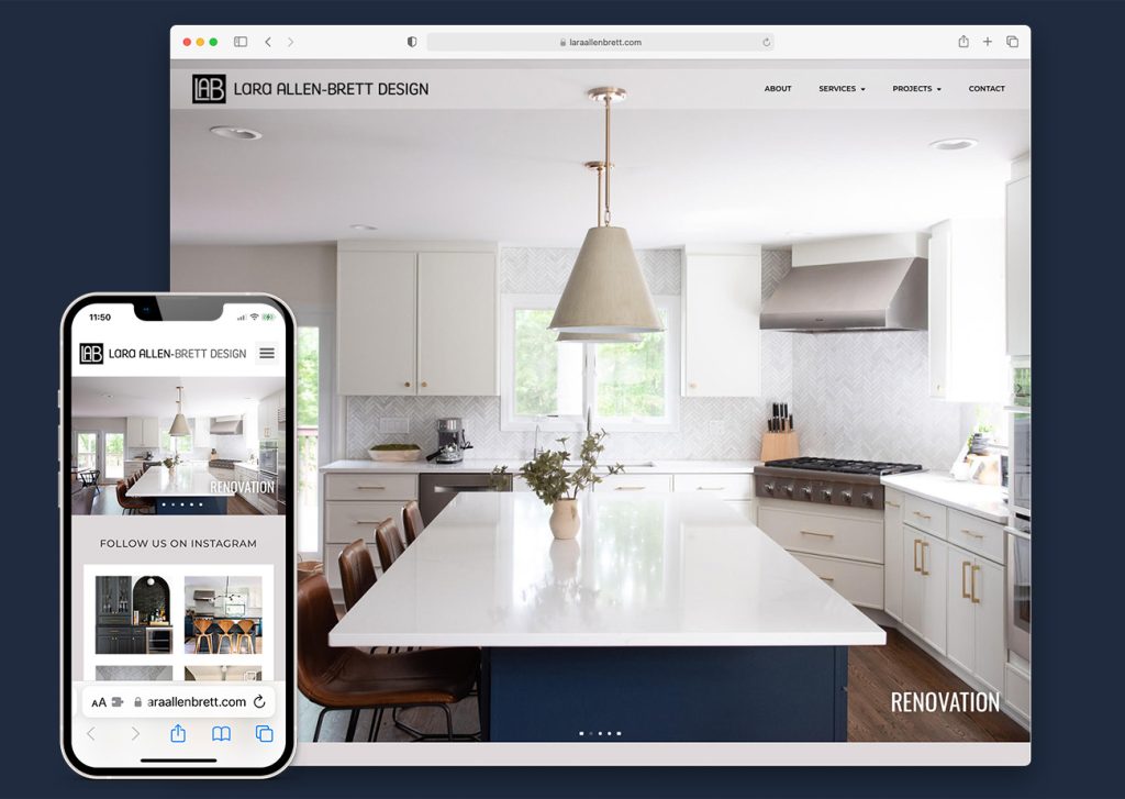 A mockup of a smartphone screen showing the Lara-Allen Brett Design website. This overlays a screenshot of the same homepage in a desktop browser. Both views of the website feature a large photo of a modern kitchen with white cabinetry and countertops, a wood floor, and a navy blue island. Beneath this photo on the phone is an Instagram feed.