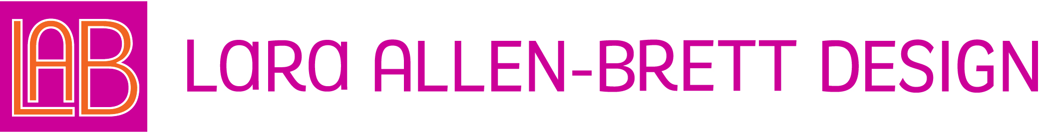 A logo for Lara Allen-Brett Design. On the left is a fuchsia box containing the capital letters LAB in orange outlined with thin white lines. On the right, next to the box, is the business name Lara Allen-Brett Design in sans serif font.