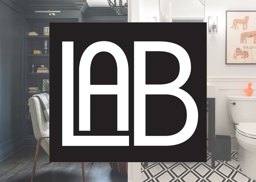 The logo for Lara Allen-Brett Design, a black box containing the capital letters LAB in white, sans-serif type. This logo overlays two photos - on the left side, room with dark bookcases, and on the right, a bathroom with black and white diamond tiled floor.