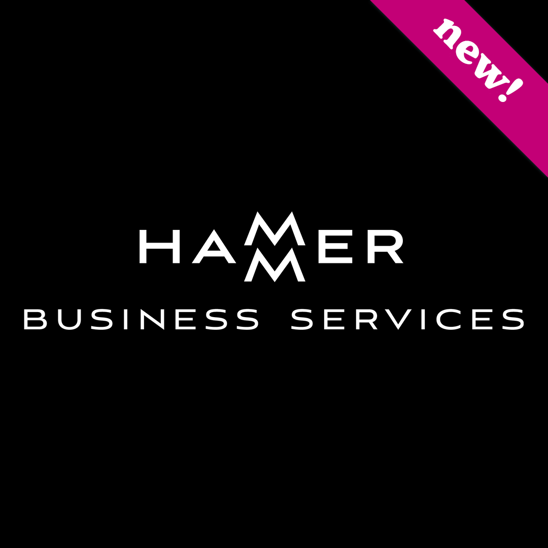 Logo that consists of business name in white sans serif upper case letters against a black square background. The word HAMMER is on the first line. The two letter Ms are stacked one atop the other, centered between the HA and the ER. The second line says BUSINESS SERVICES. In the upper right corner of the square there is a fuchsia banner with white letters NEW.