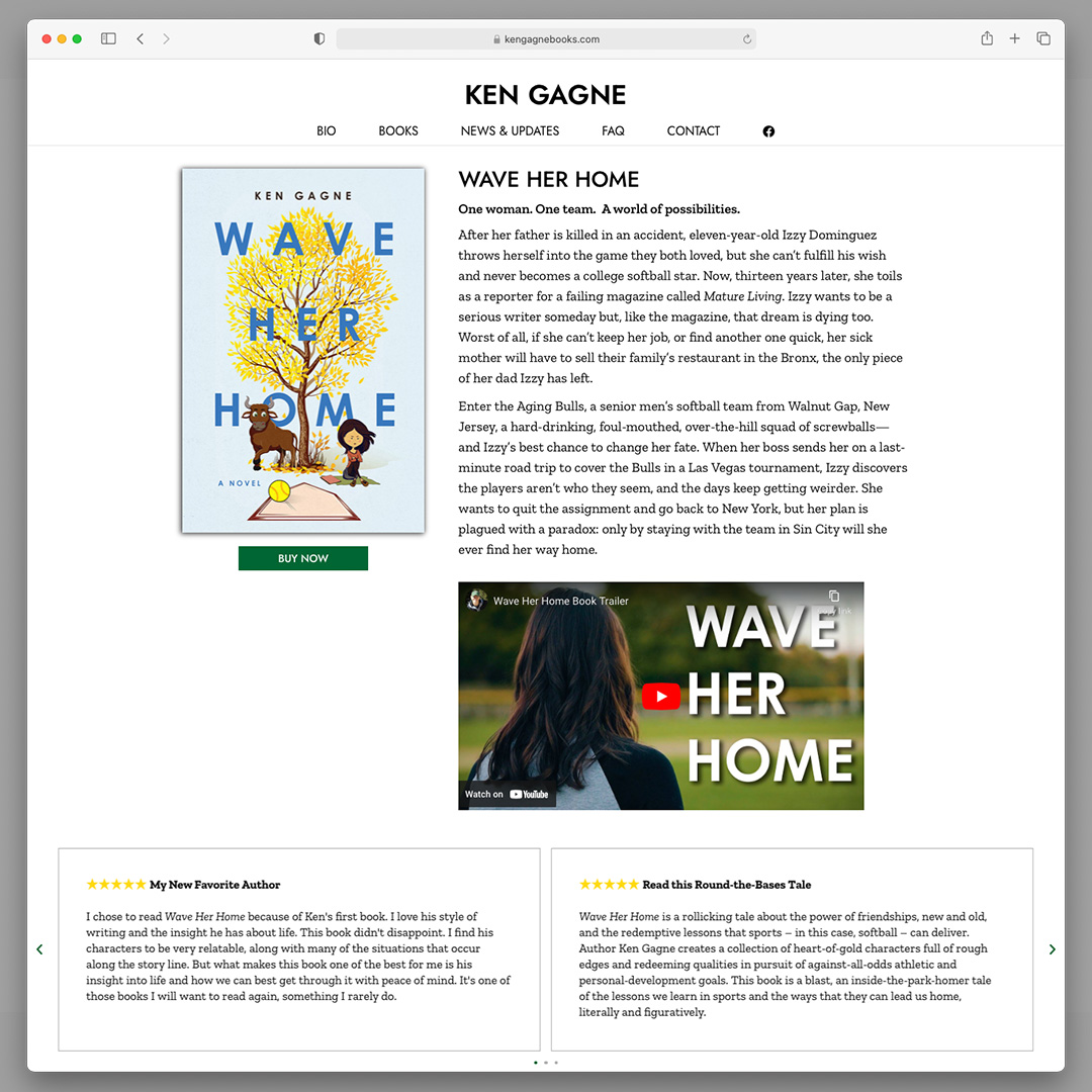 A screenshot of a web page for a book called "Wave Her Home." On the left of the page there is a photo of the book cover and button to buy it now. On the right is a two-paragraph description of the book. Beneath the description is a still from a video trailer about the book. Across the bottom are reader reviews in grey boxes, each starting with five yellow stars.