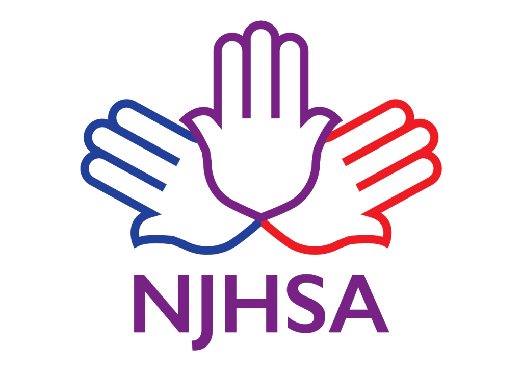 NJHSA Logo Bag | Logo is 3 Hamsa symbols arranged in a fan joined at the base of the palm. Colors are blue, purple and red with the letters NJHSA in purple capital sans-serif letters beneath