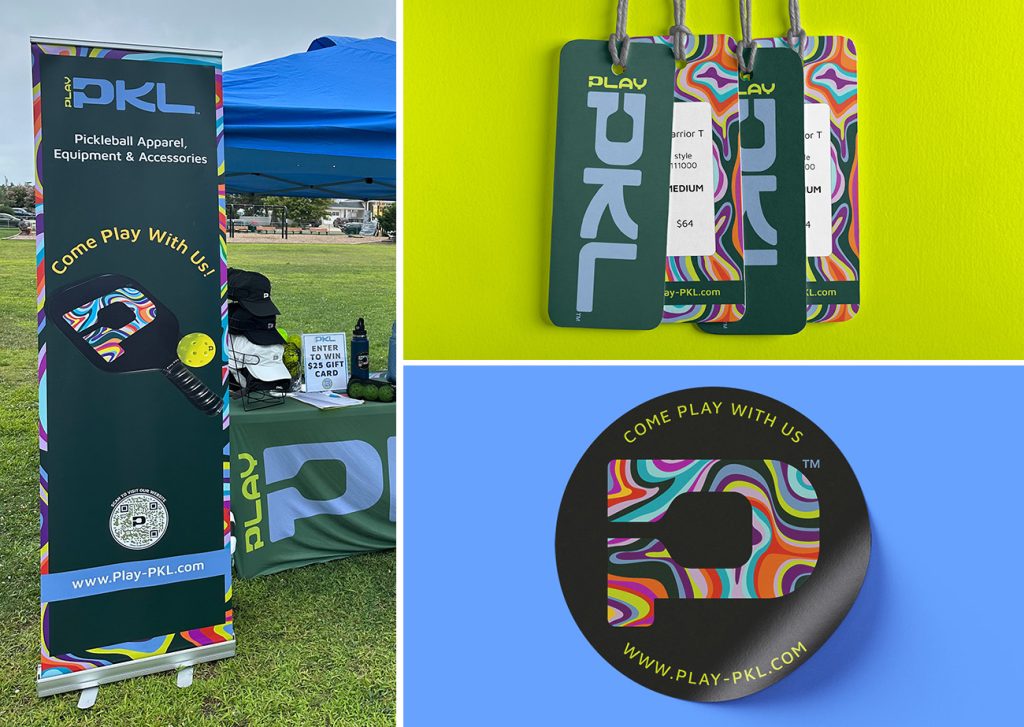 Array of 3 images. On left, color photo of vertical vinyl banner at an outdoor tent sale. Upper right shows a mockup of apparel hang tags. Lower right shows a mockup of a round sticker with logo, tagline, and URL.