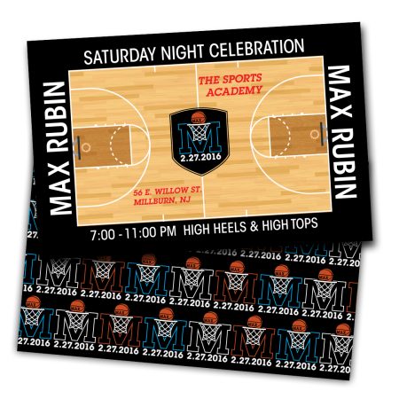 Front and back of a customized Bar Mitzvah reception invitation. Front features a basketball court illustration, party logo, and details. Back includes logo repeated in an overall pattern, in alternating colors of orange, white, and blue.