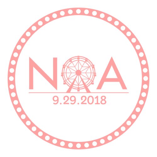 Noachella Bat Mitzvah Logo | Circular logo that is peachy pink with white print. Print says NOA - letter O is a ferris wheel flanked by N and A. Date 9.29.2018 is beneath NOA.